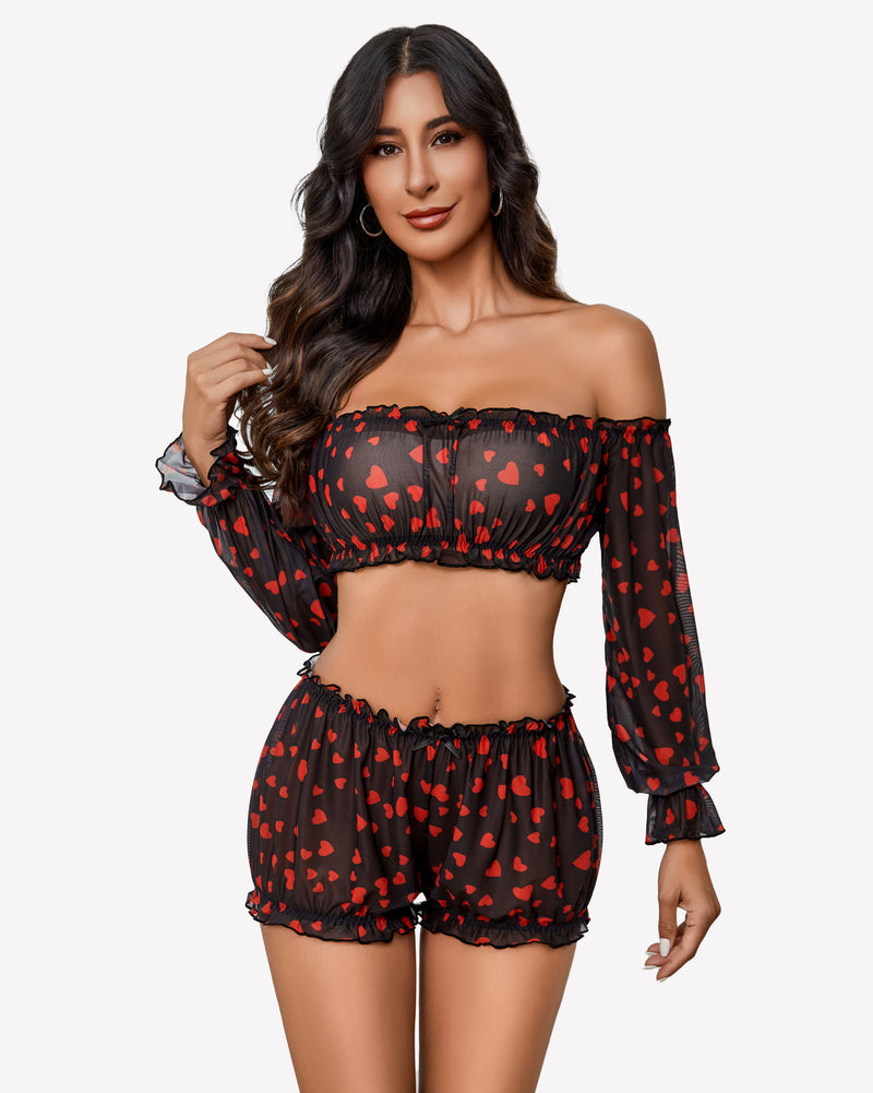 Off Shoulder Ruffle Bra and Panty Set Black Heart Lingeries-Crop tops - Tophatter Daily Deals