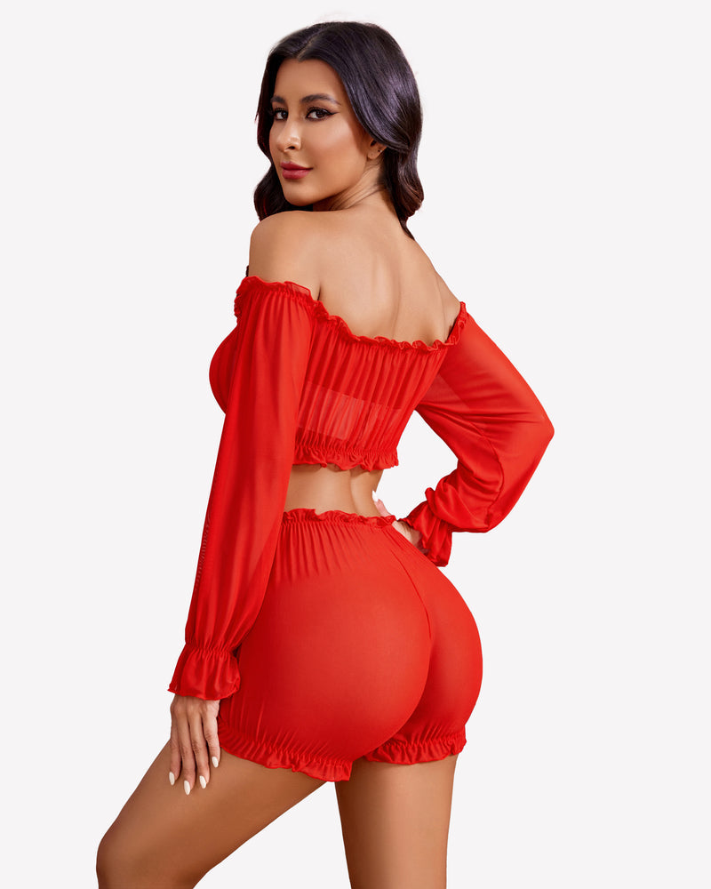Off Shoulder Ruffle Bra and Panty Set Lingeries-Crop tops - Tophatter Daily Deals