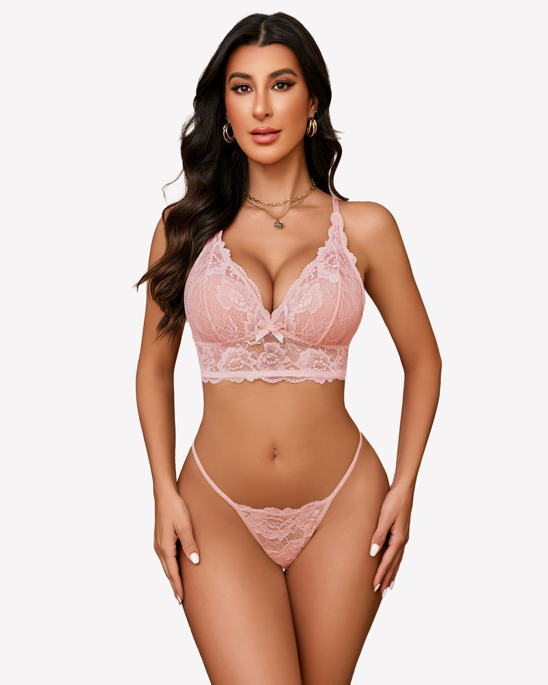 Lace Bralettes Set 2 Piece Bra and Panty Sets Pink Lingerie Sets-Bra Sets - Tophatter Daily Deals