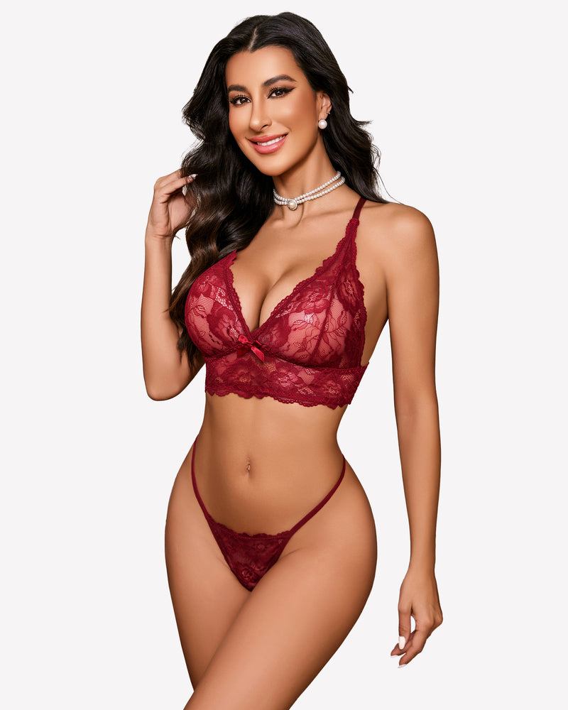 Lace Bralettes Set 2 Piece Bra and Panty Sets Wine Red Lingerie Sets-Bra Sets - Tophatter Daily Deals