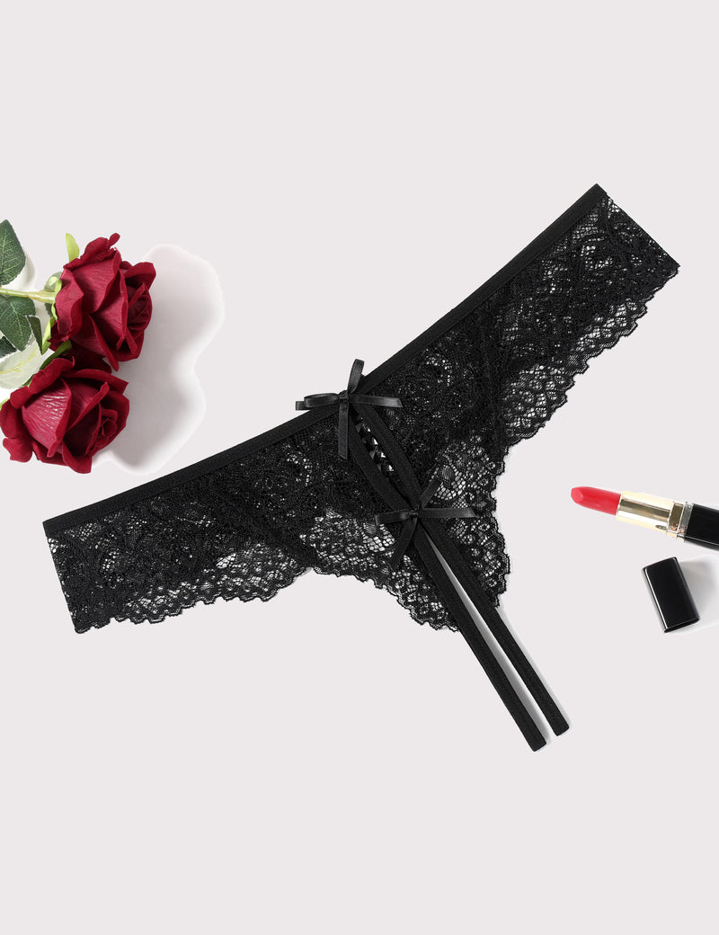 Lace Thongs Panties with Cute Bow Black Lingeries-panties - Tophatter Daily Deals