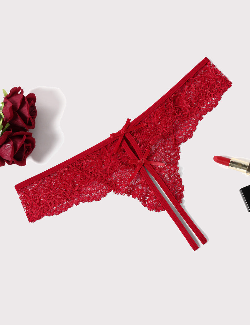 Lace Thongs Panties with Cute Bow Wine Red Lingeries-panties - Tophatter Daily Deals