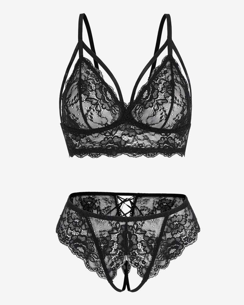 2 Piece Lace Bra and Tie-Strap Panties Set Lingerie Sets-Bra Sets - Tophatter Daily Deals