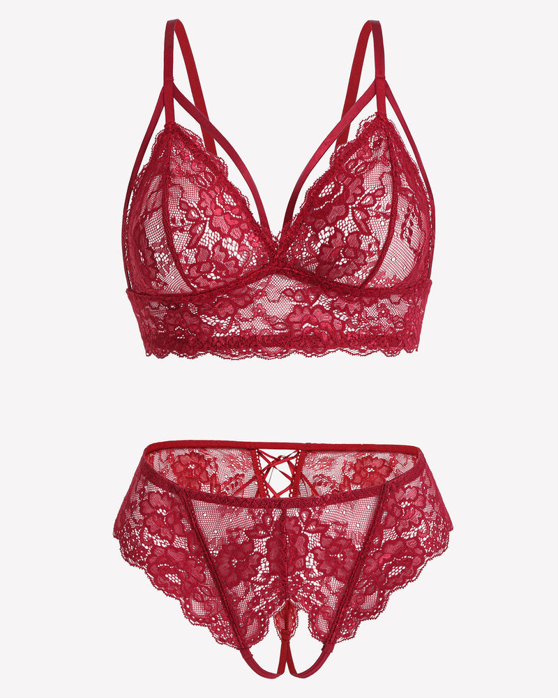2 Piece Lace Bra and Tie-Strap Panties Set Lingerie Sets-Bra Sets - Tophatter Daily Deals