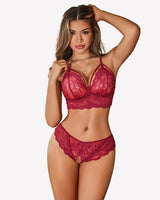 2 Piece Lace Bra and Tie-Strap Panties Set Wine Red Lingerie Sets-Bra Sets - Tophatter Daily Deals