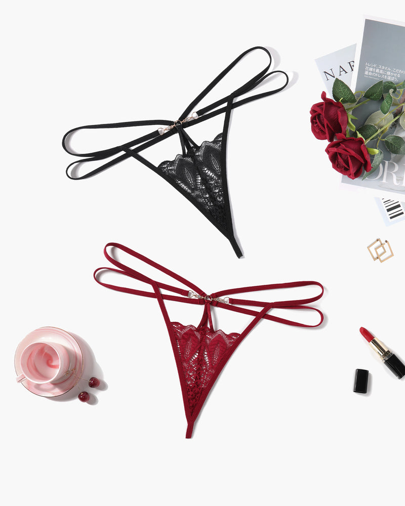 Floral Lace Briefs Hollow Out Thong Panty Black+wine Red Lingeries-panties - Tophatter Daily Deals