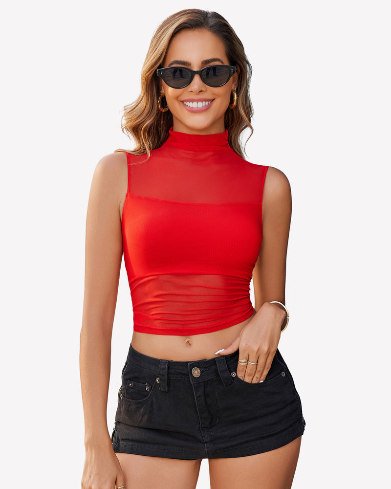 Mesh Sheer Tops Mock Neck Tank Red Lingeries-Crop tops - Tophatter Daily Deals