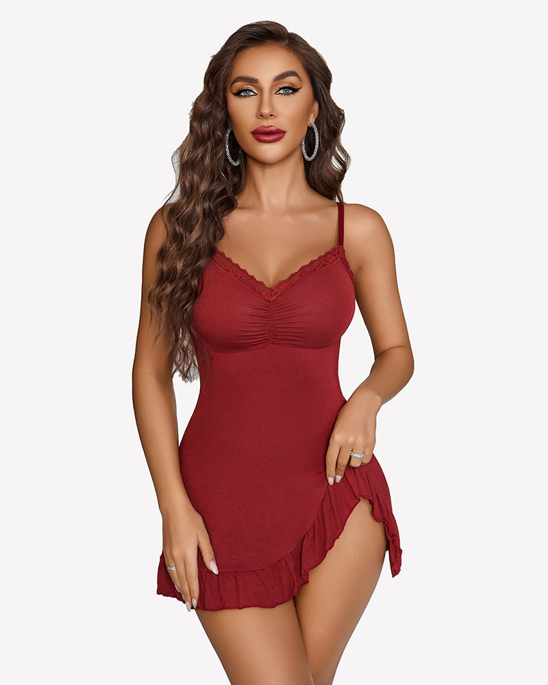 Modal Side Slit Chemise nighties Wine Red Lingeries-Chemises - Tophatter Daily Deals
