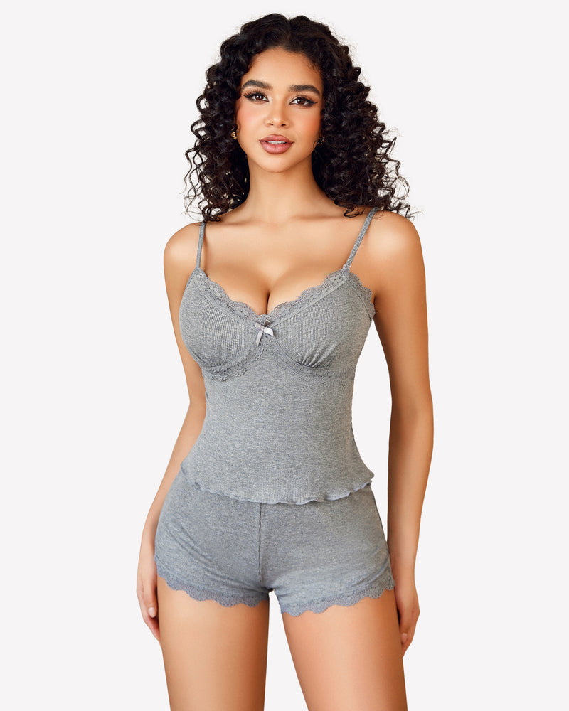 Cami Pajama Set Lace Trim Short PJ Set Grey Sleepwears-Pajamas Sets - Tophatter Daily Deals