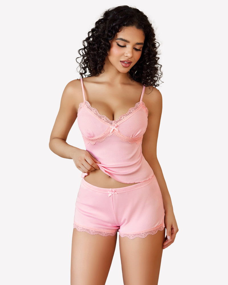 Cami Pajama Set Lace Trim Short PJ Set Pink Sleepwears-Pajamas Sets - Tophatter Daily Deals