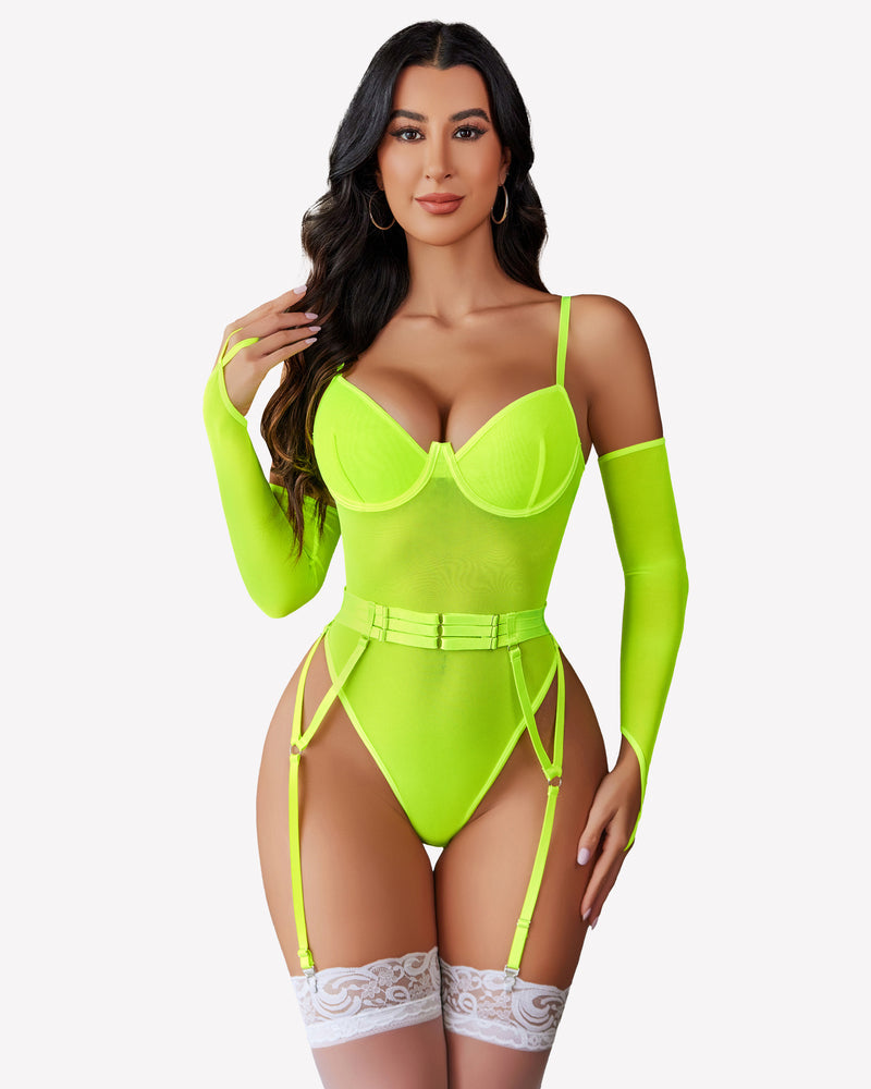 Mesh Garter Teddy with 1 Pair Oversleeves Neon Yellow Lingeries-Bodysuits - Tophatter Daily Deals