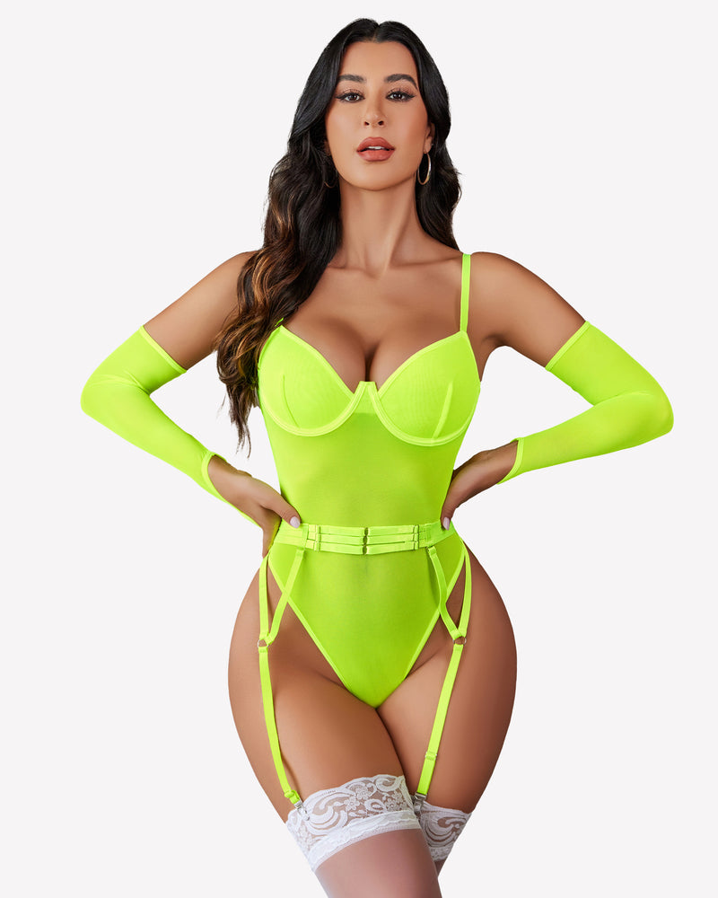 Mesh Garter Teddy with 1 Pair Oversleeves Lingeries-Bodysuits - Tophatter Daily Deals