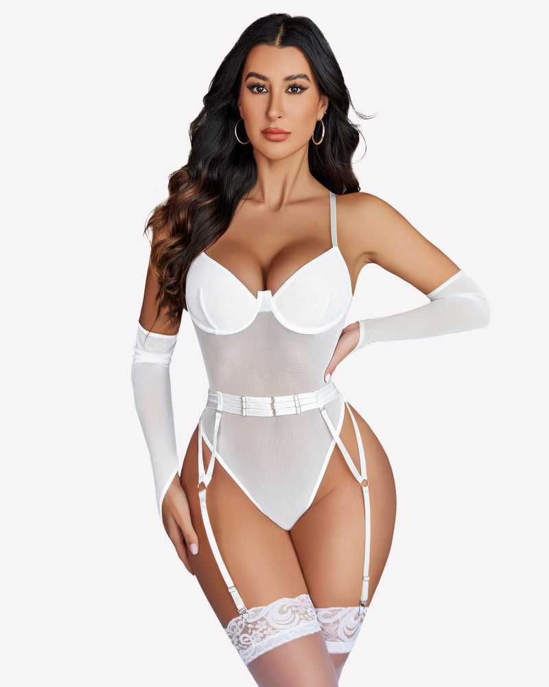 Mesh Garter Teddy with 1 Pair Oversleeves White Lingeries-Bodysuits - Tophatter Daily Deals