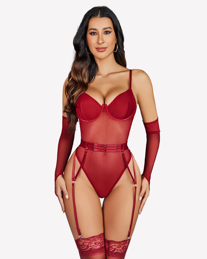 Mesh Garter Teddy with 1 Pair Oversleeves Wine Red Lingeries-Bodysuits - Tophatter Daily Deals