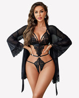 2 Piece Set Lace Teddy with Mesh Robe Black Lingeries-Bodysuits - Tophatter Daily Deals