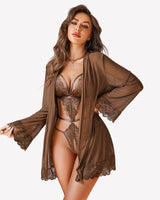 2 Piece Set Lace Teddy with Mesh Robe Brown Lingeries-Bodysuits - Tophatter Daily Deals