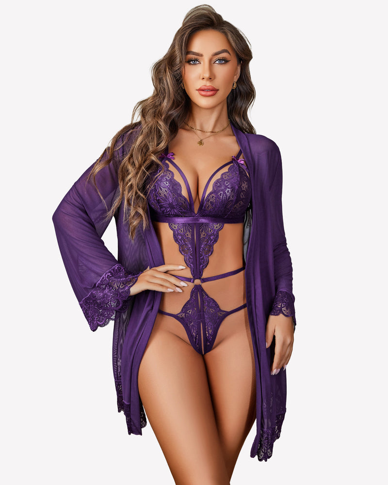 2 Piece Set Lace Teddy with Mesh Robe Purple Lingeries-Bodysuits - Tophatter Daily Deals