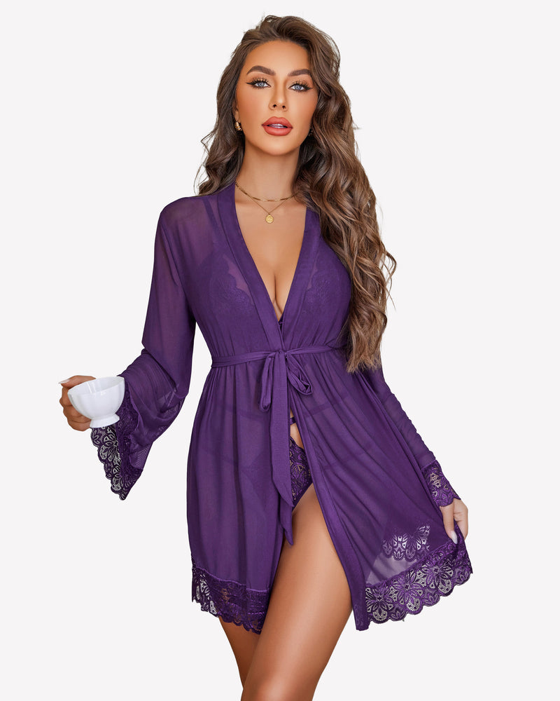 2 Piece Set Lace Teddy with Mesh Robe Lingeries-Bodysuits - Tophatter Daily Deals