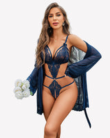 2 Piece Set Lace Teddy with Mesh Robe Navy Blue Lingeries-Bodysuits - Tophatter Daily Deals