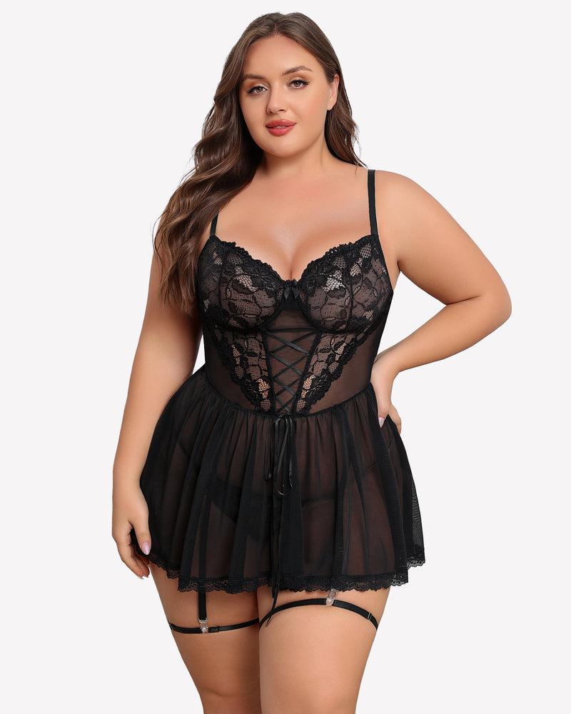 Plus Size Lace Babydoll with Garter Belt Lingerie Sets-Plus size - Tophatter Daily Deals