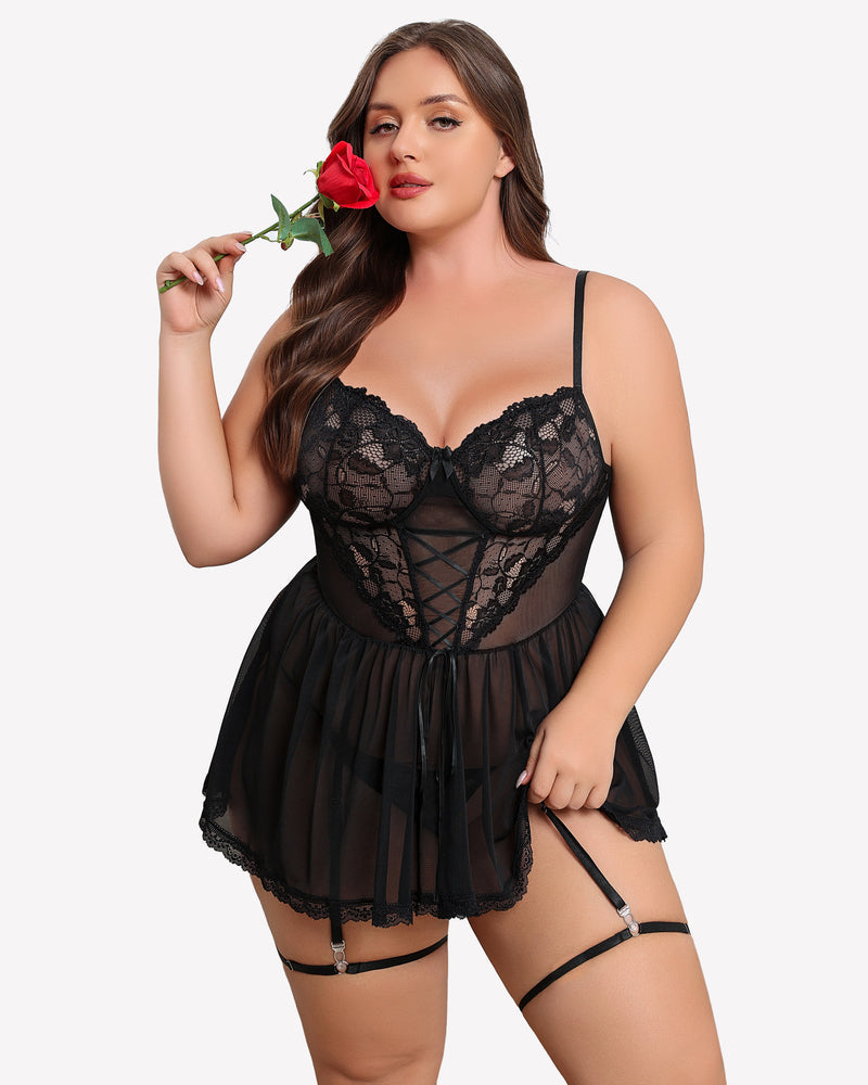 Plus Size Lace Babydoll with Garter Belt Black Lingerie Sets-Plus size - Tophatter Daily Deals