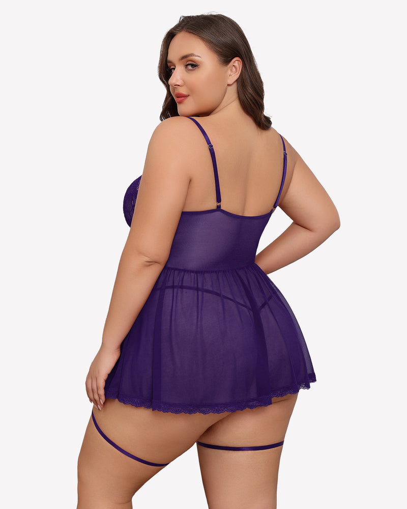 Plus Size Lace Babydoll with Garter Belt Lingerie Sets-Plus size - Tophatter Daily Deals