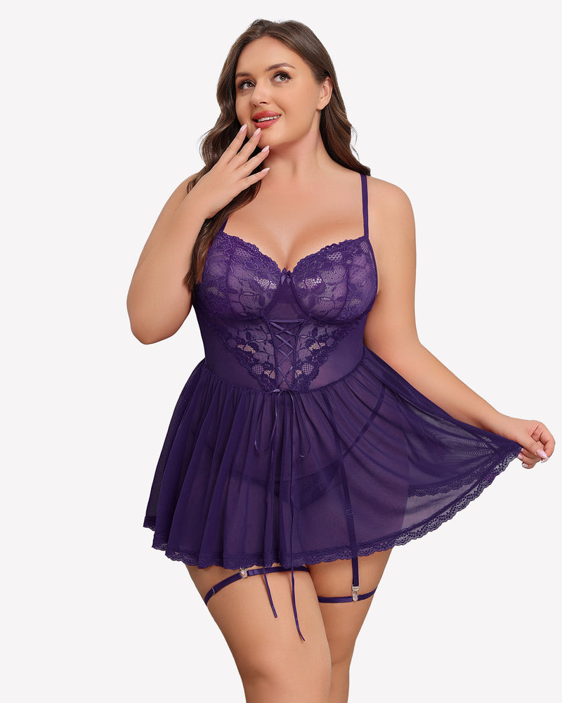 Plus Size Lace Babydoll with Garter Belt Purple Lingerie Sets-Plus size - Tophatter Daily Deals