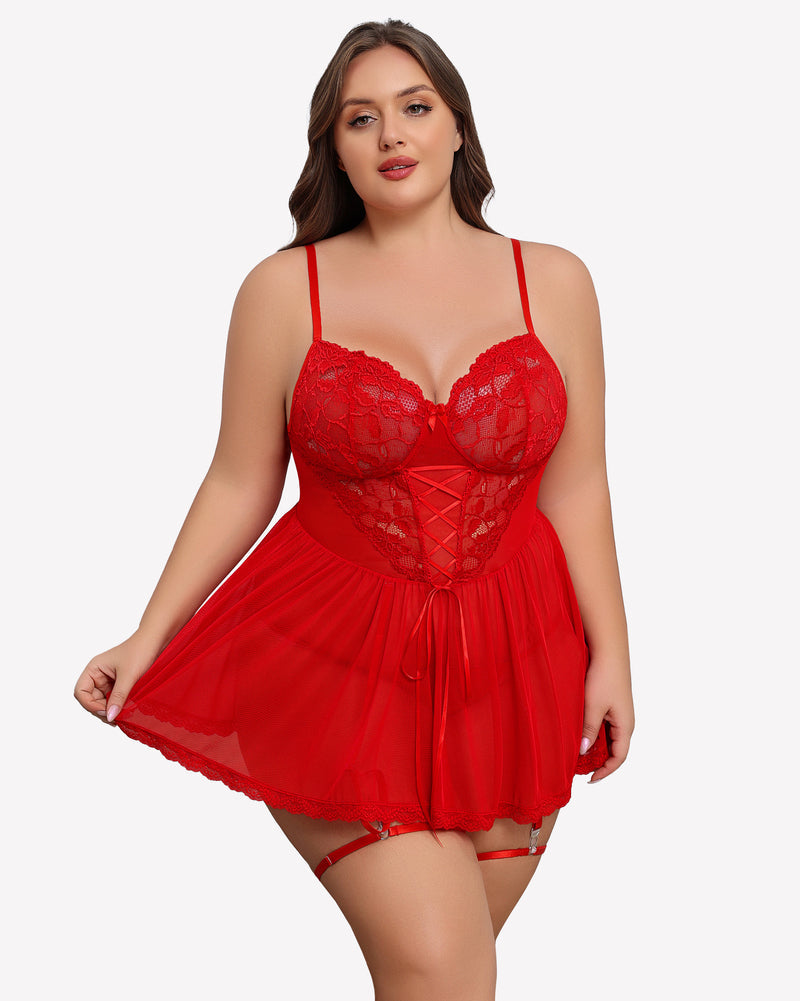 Plus Size Lace Babydoll with Garter Belt Red Lingerie Sets-Plus size - Tophatter Daily Deals