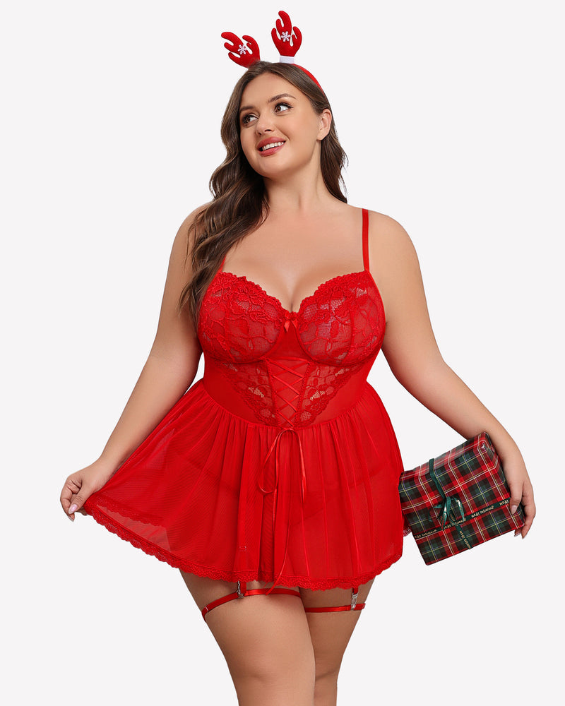 Plus Size Lace Babydoll with Garter Belt Lingerie Sets-Plus size - Tophatter Daily Deals