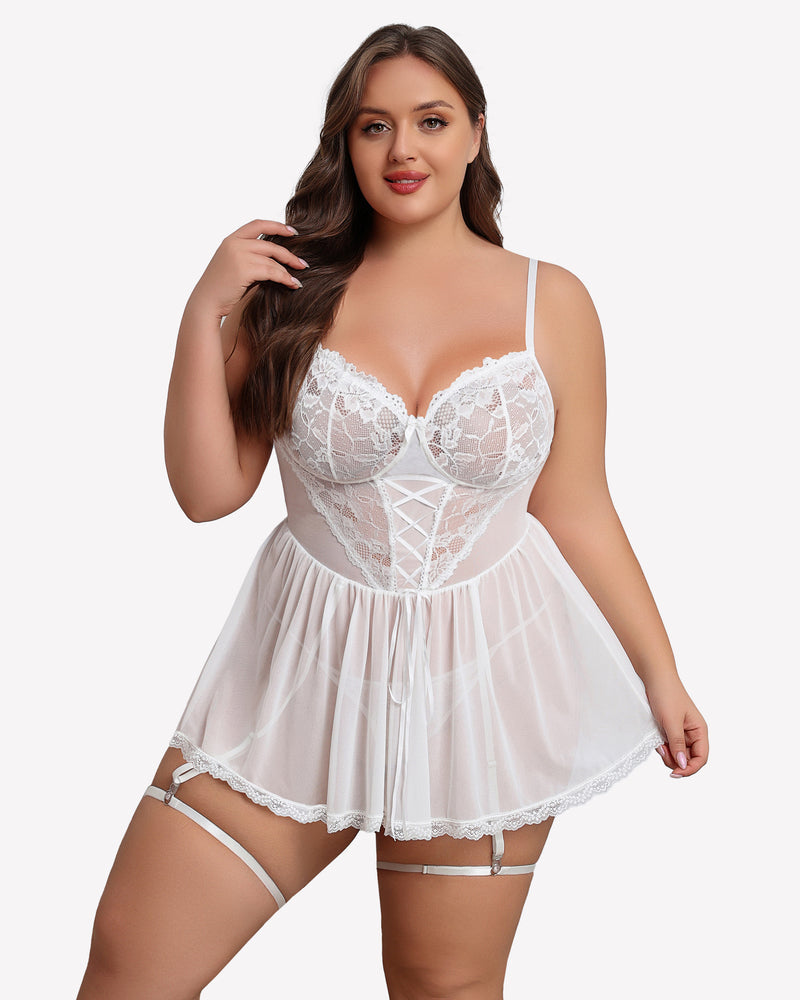 Plus Size Lace Babydoll with Garter Belt White Lingerie Sets-Plus size - Tophatter Daily Deals