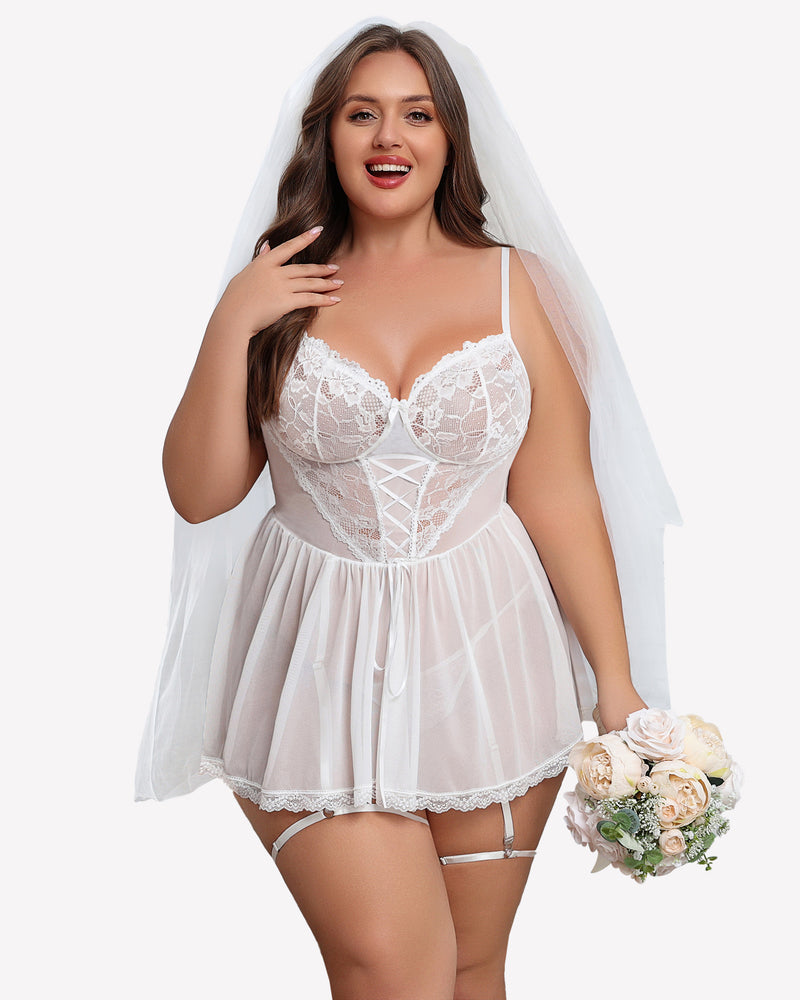 Plus Size Lace Babydoll with Garter Belt Lingerie Sets-Plus size - Tophatter Daily Deals