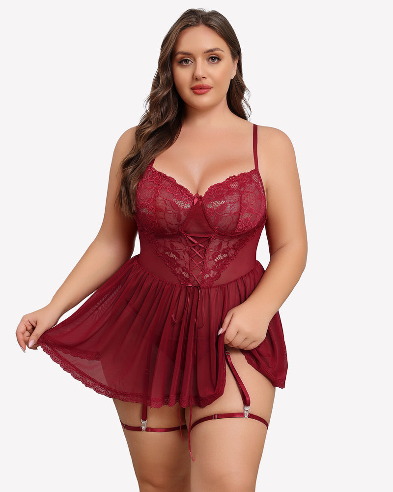 Plus Size Lace Babydoll with Garter Belt Wine Red Lingerie Sets-Plus size - Tophatter Daily Deals
