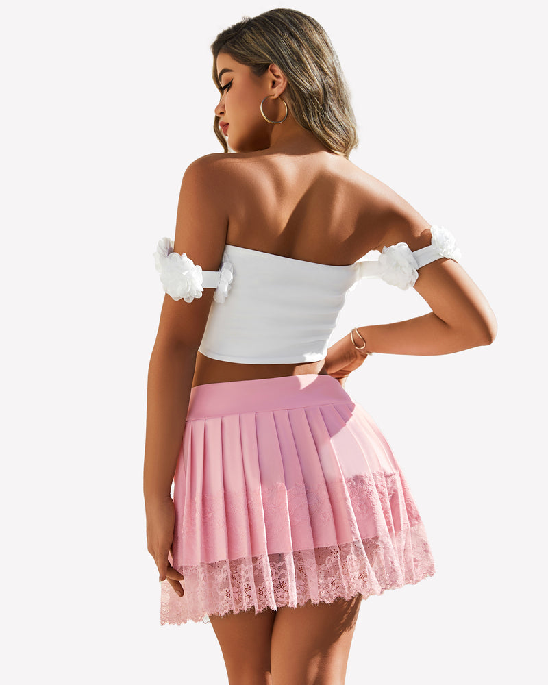 Pleated Lace High Waist Mini Skirts Pink Lingeries-mini skirts - Tophatter Daily Deals