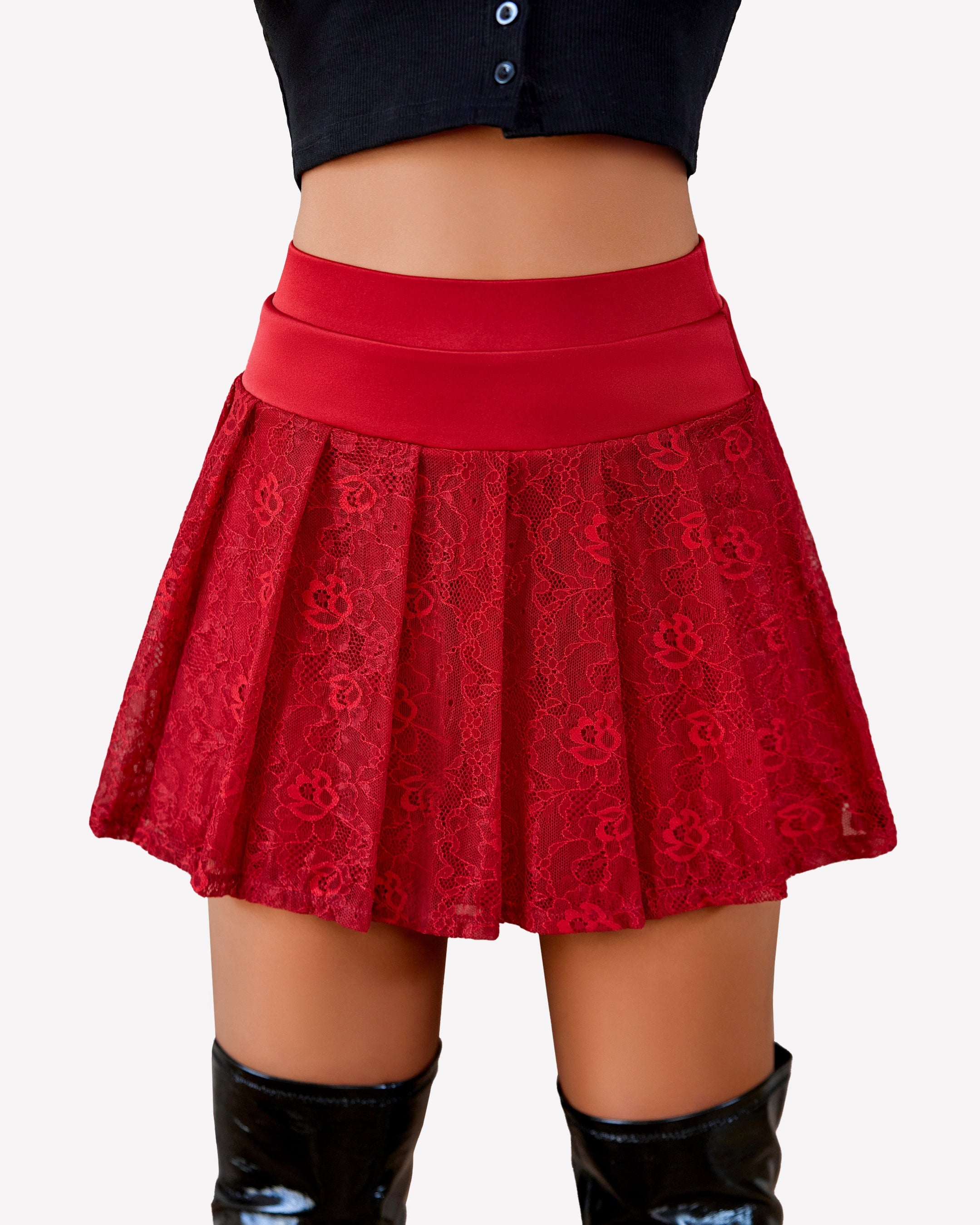 Pleated Skater Skirt Lace Flared Mini Skirts Dark Red Lingeries-mini skirts - Tophatter Daily Deals