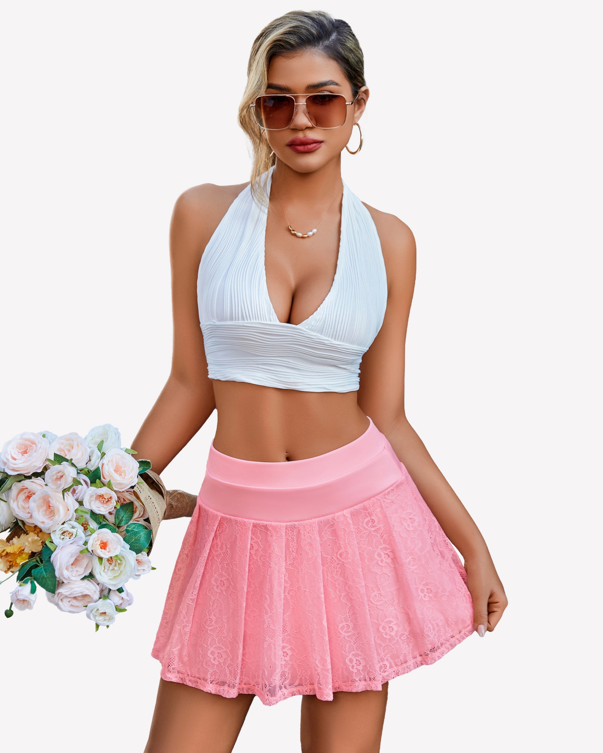 Pleated Skater Skirt Lace Flared Mini Skirts Lingeries-mini skirts - Tophatter Daily Deals