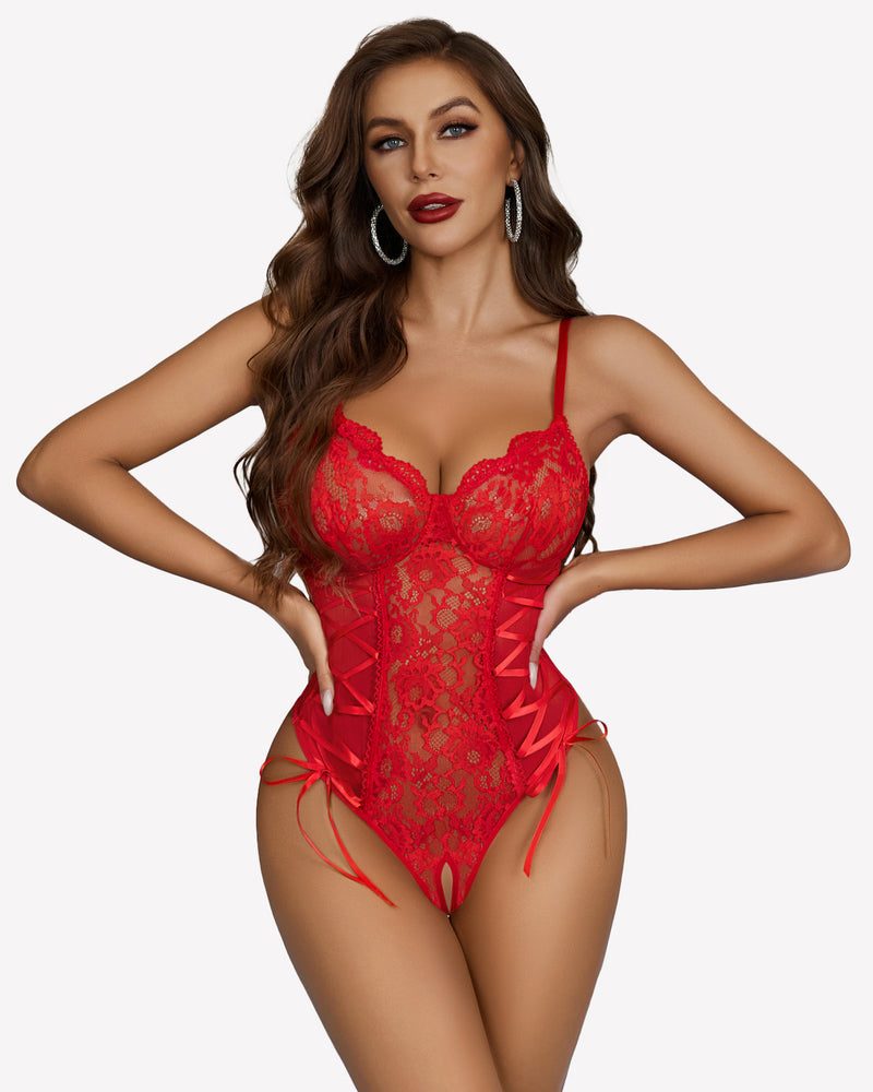 Lace Bodysuit Side Lace-up Boudoir Outfits Red Lingeries-Bodysuits - Tophatter Daily Deals