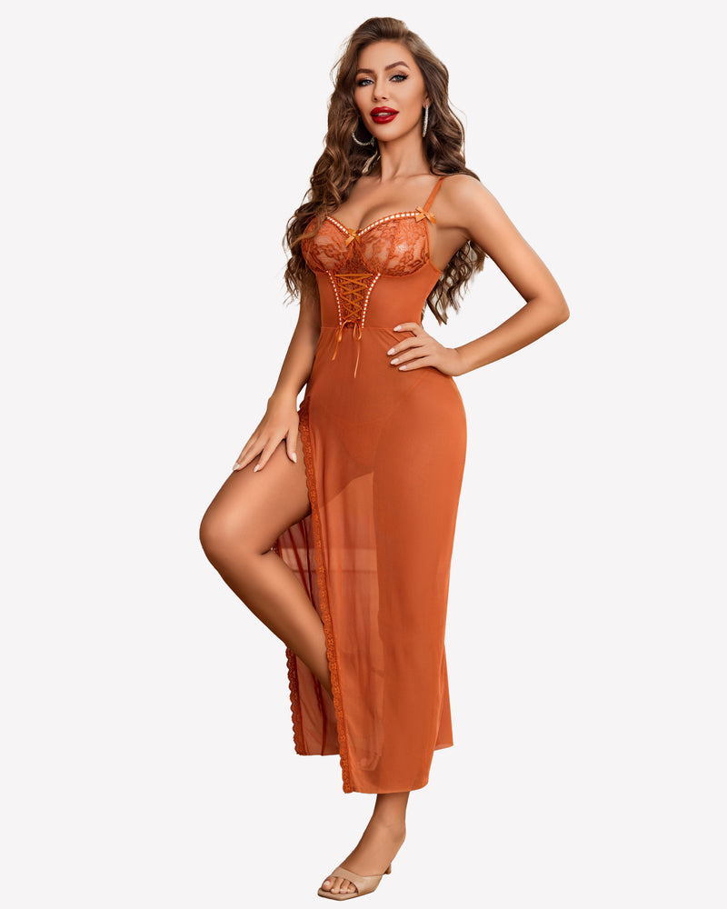Lace Chemise Mesh Side Split Nightdress Caramel Sleepwears-nightgowns - Tophatter Daily Deals