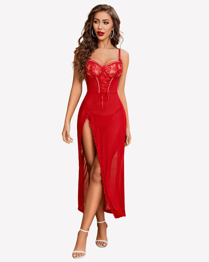 Lace Chemise Mesh Side Split Nightdress Red Sleepwears-nightgowns - Tophatter Daily Deals