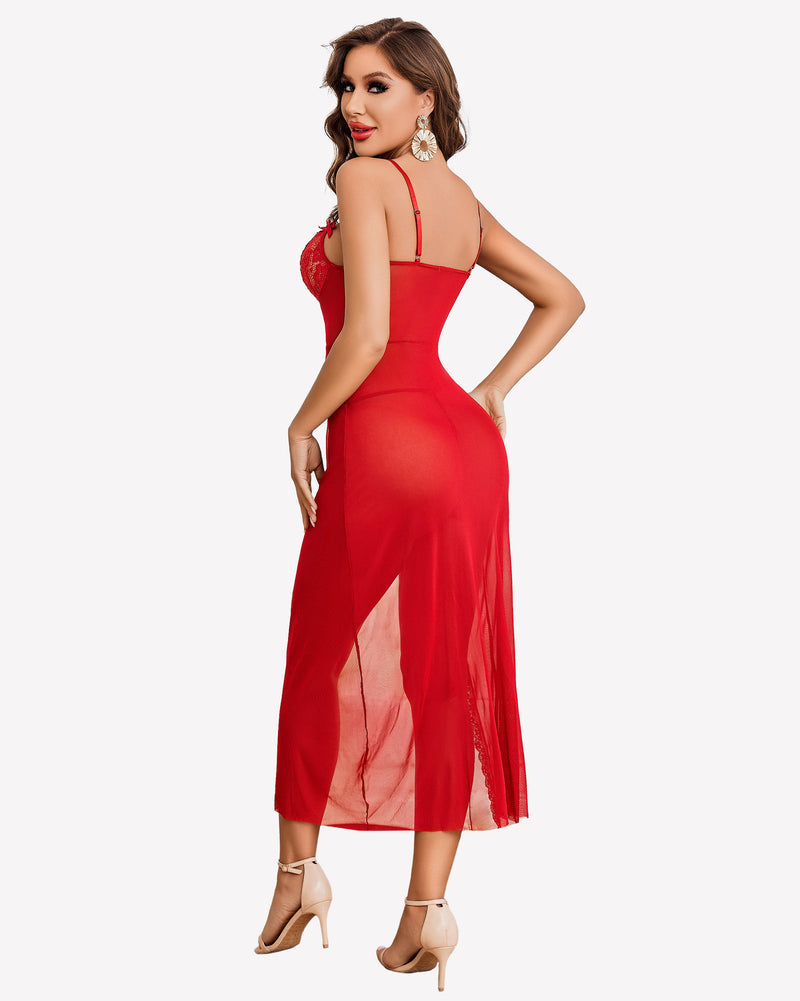 Lace Chemise Mesh Side Split Nightdress Sleepwears-nightgowns - Tophatter Daily Deals