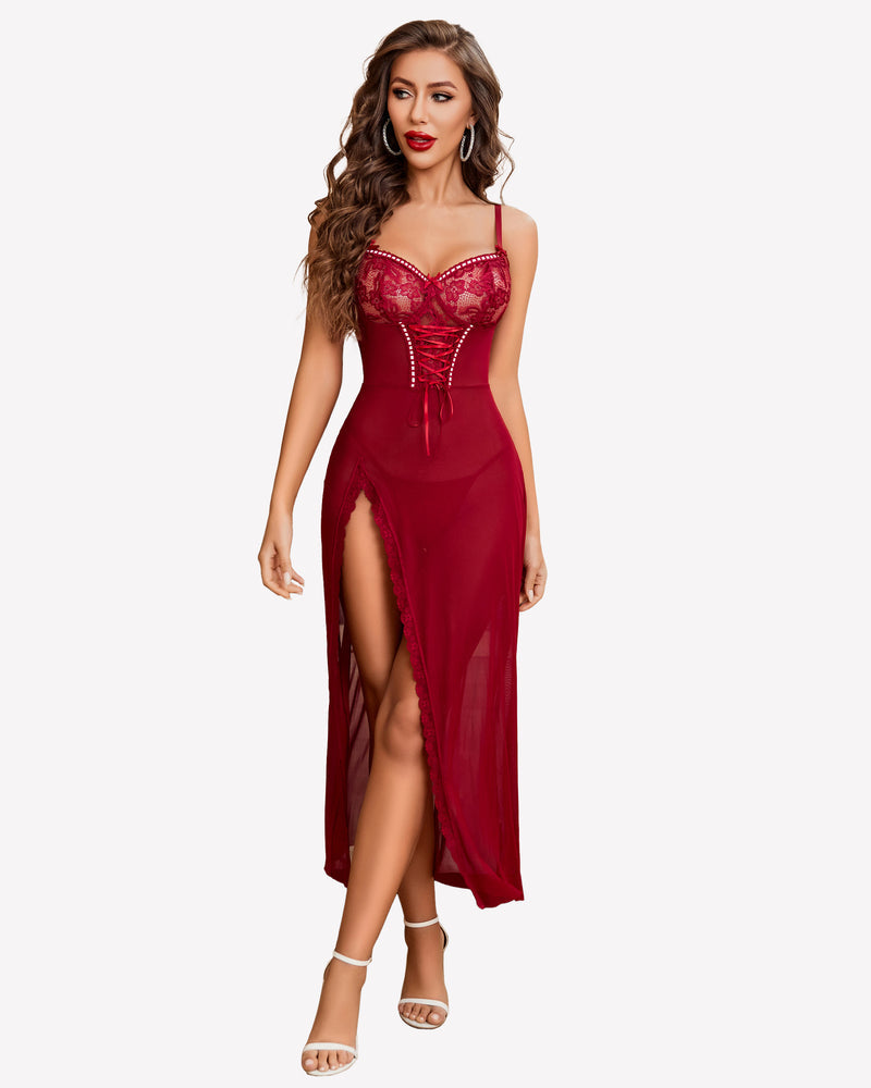 Lace Chemise Mesh Side Split Nightdress Wine Red Sleepwears-nightgowns - Tophatter Daily Deals