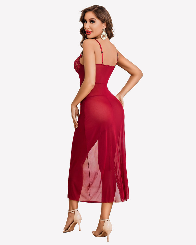 Lace Chemise Mesh Side Split Nightdress Sleepwears-nightgowns - Tophatter Daily Deals