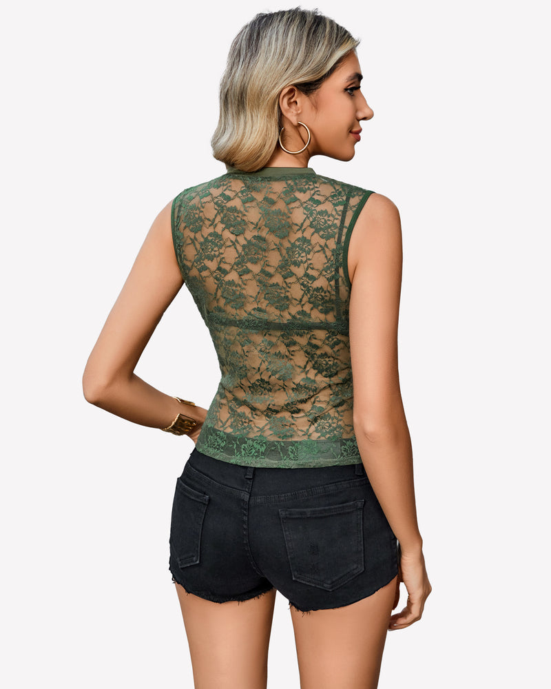 Floral Lace Tank Top Mesh Sheer Blouses Lingeries-Crop tops - Tophatter Daily Deals