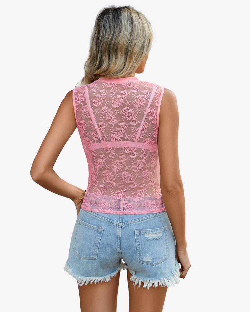 Floral Lace Tank Top Mesh Sheer Blouses Lingeries-Crop tops - Tophatter Daily Deals