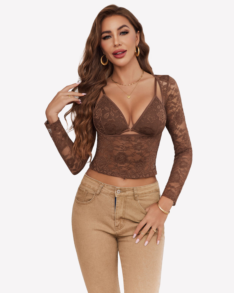 Mesh Long Sleeve Crop Top with Bra Set Brown Lingerie Sets-Bras - Tophatter Daily Deals