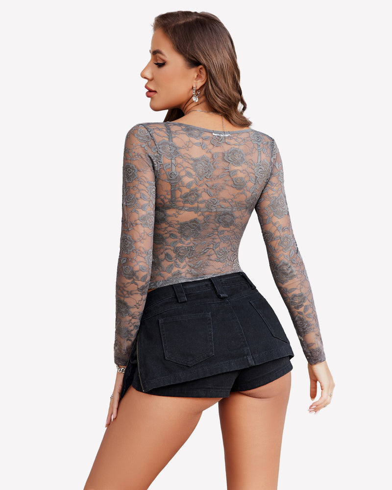 Mesh Long Sleeve Crop Top with Bra Set Lingerie Sets-Bras - Tophatter Daily Deals