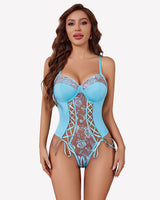 Lace Up Front Crotchless Bodysuit Light Blue Lingeries-Bodysuits - Tophatter Daily Deals