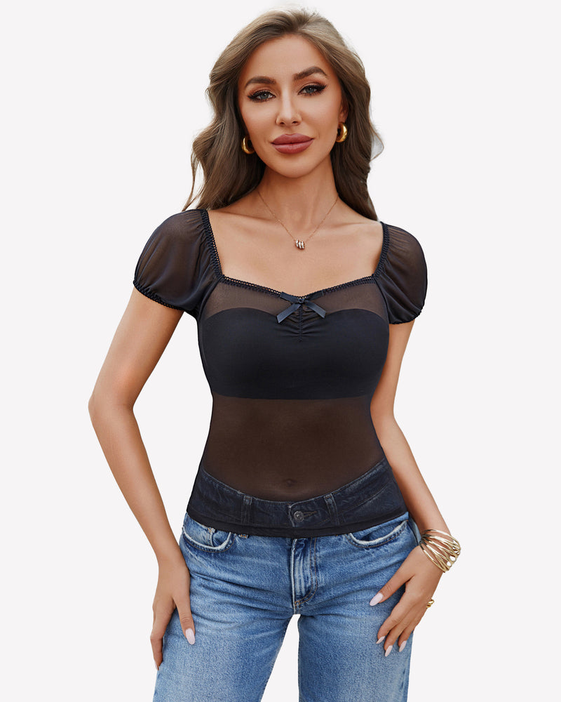 Short Sleeve Sheer Mesh Tops Black Lingeries-Crop tops - Tophatter Daily Deals