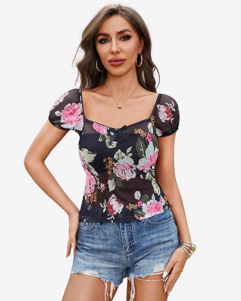 Short Sleeve Sheer Mesh Tops Floral Pink Lingeries-Crop tops - Tophatter Daily Deals