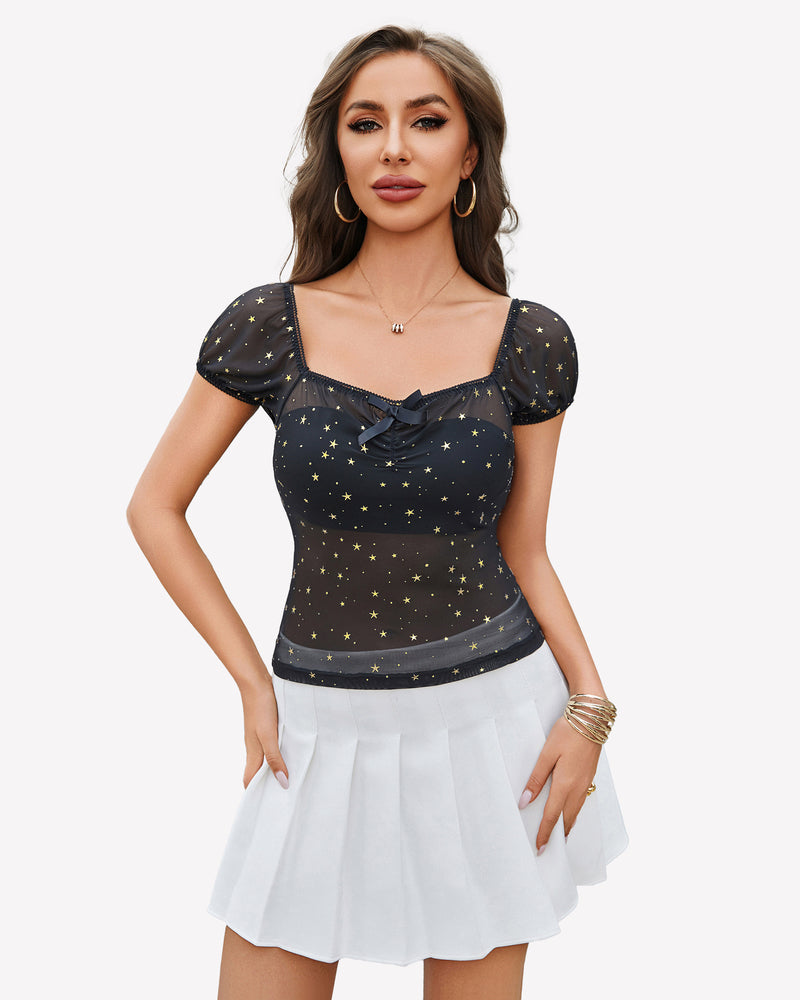 Short Sleeve Sheer Mesh Tops Black Stars Lingeries-Crop tops - Tophatter Daily Deals