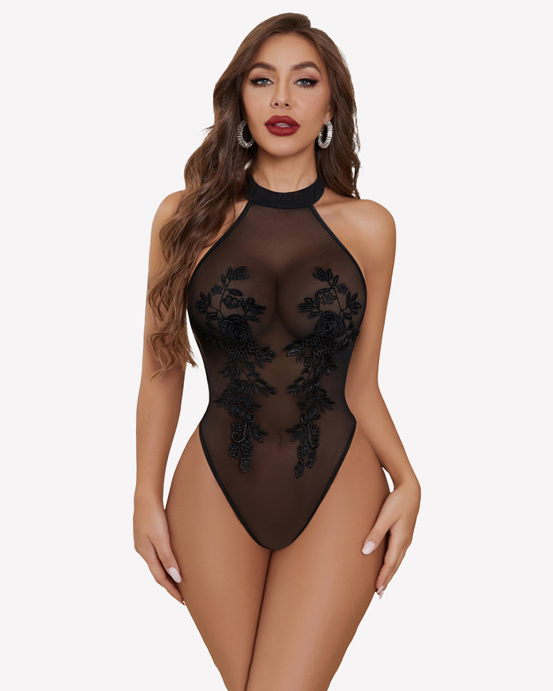 Mesh Sheer Emboroidered Bodysuit Lingeries-Bodysuits - Tophatter Daily Deals